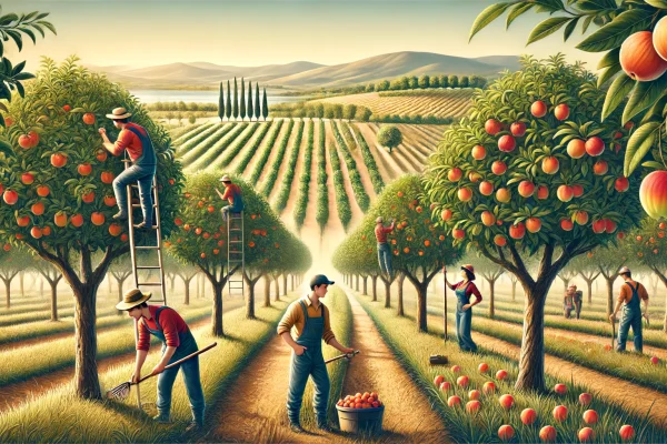 DALL·E 2024-06-17 12.41.44 - A team of agricultural workers managing an orchard of fruit trees with stone and pome fruits. The scene includes well-maintained rows of trees bearing