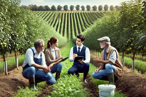 DALL·E 2024-06-17 12.43.15 - A scene of agronomists providing expert advice in a field of fruit trees. The agronomists are interacting with farmers, using tablets and charts to ex