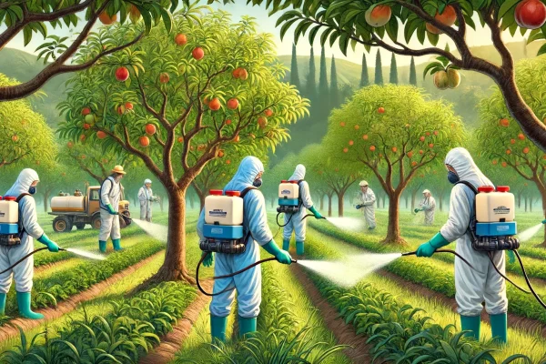 DALL·E 2024-06-17 12.50.31 - A scene depicting pest and disease control in an orchard of fruit trees. Agricultural workers are seen applying treatments to the trees, using sprayer