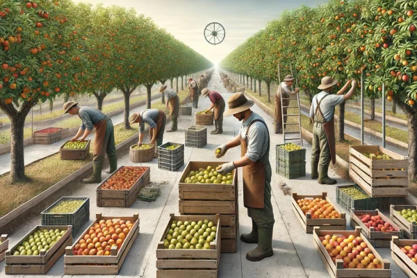 DALL·E 2024-06-17 12.54.12 - A realistic scene depicting the harvest and post-harvest process in a fruit orchard. Agricultural workers are using basic equipment to harvest ripe fr